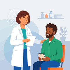 Fototapeta premium Doctor consulting patient, medical check-up and healthcare concepts, illustration with diverse characters.