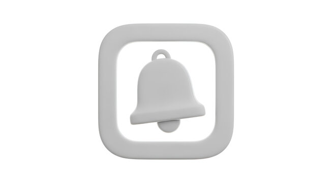Gray 3D rendered bell icon inside a rounded square frame on a white background