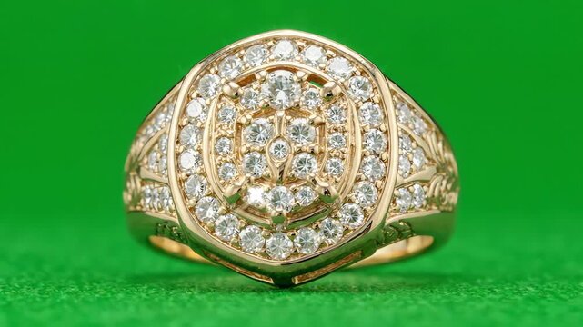 Golden championship ring with sparkling diamonds rotating slowly against a bright green screen background for chroma key compositing
