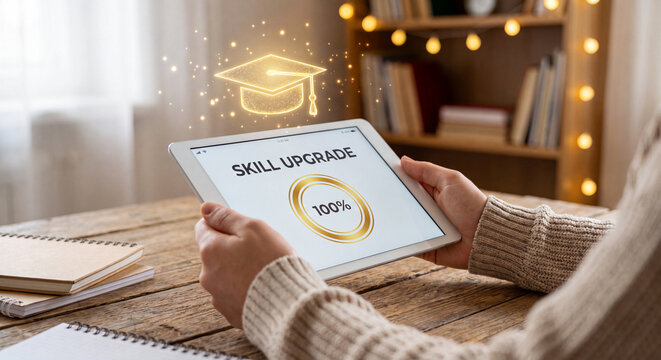 Skill Upgrade Progress: Digital Learning Tablet Displaying 100% Completion with Graduation Cap Icon, Online Education Concept, E-learning Advancement, Personal Development Achievement