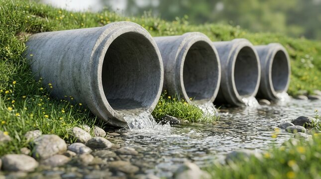 Concrete pipes drain water into river for storm control