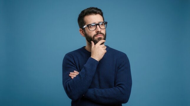 Portrait of a handsome young man with beard and glasses looking up thoughtfully over a blue background.