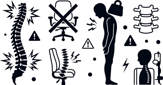 Poor Posture and Spine Back Pain Icon Set Featuring Scoliosis Vertebrae Slumped Man Office Ergonomics and Sedentary Health Risks