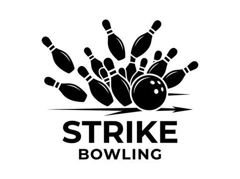 Strike bowling logo with black silhouette of ball hitting pins and scattering them in dynamic explosion