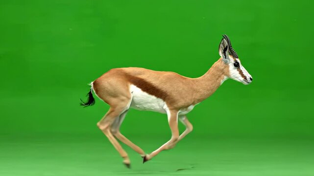 Graceful springbok antelope sprinting at high speed against a solid green screen background for chroma key compositing