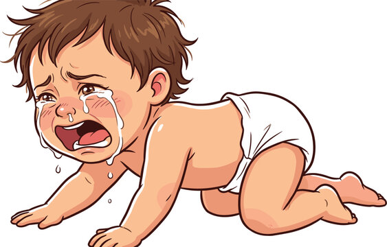 Crying Baby Vector Illustration Featuring Crying Toddler Character in Diaper Crawling and Shedding Big Tears Isolated on Plain White Background for Parenting Designs
