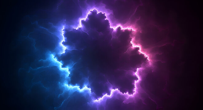 Neon fractal cloud formation with vibrant electric blue and magenta light accents in deep darkness
