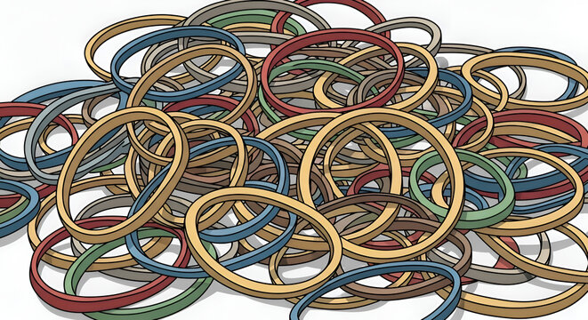 Pile of colorful rubber bands illustration of many elastic loops tangled together on white background