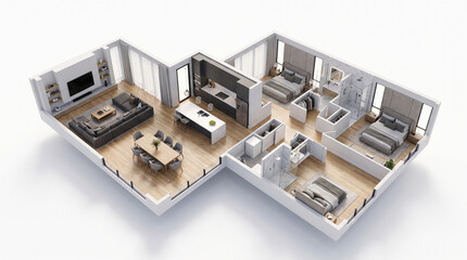 Modern luxury apartment floor plan with 3D interior design layout and home furnishings © Ahmad