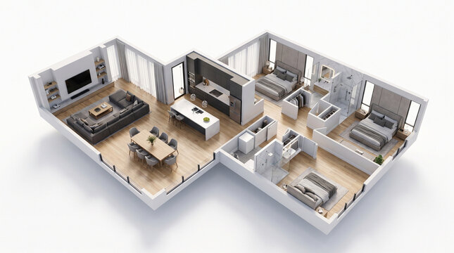 Modern luxury apartment floor plan with 3D interior design layout and home furnishings