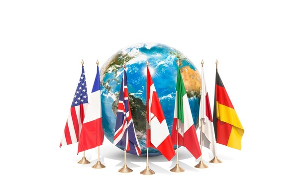 World globe surrounded by standing international flags against white background