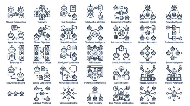 AI multi-agent systems and collaborative intelligence icons