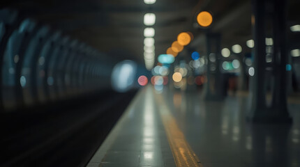 Fototapeta premium Out of focus train station platform bokeh lights blurred perspective commuters mood