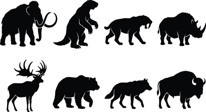 Prehistoric Animal Silhouette Collection Featuring Mammoth Saber Tooth Bear Rhino Elk Wolf and Bison