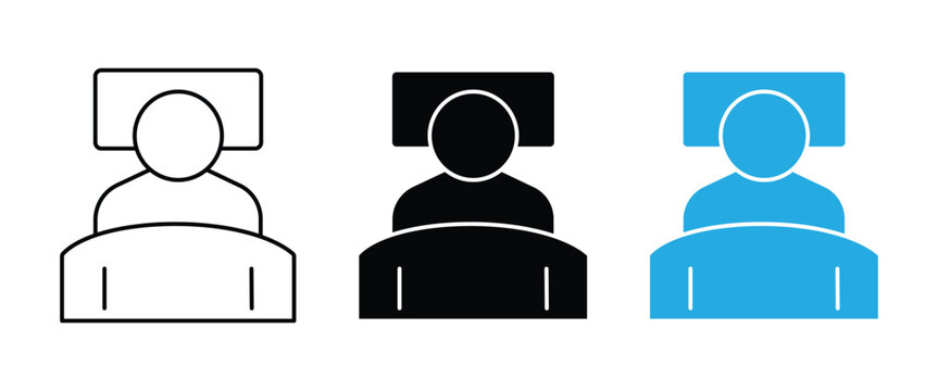 Person Sleeping in Bed Icon Set &ndash; Bedroom Rest, Hotel Accommodation, Night Sleep, Healthcare Patient Bed, Outline & Silhouette Vector Collection