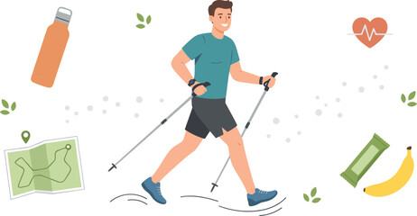 Fototapeta premium Nordic Walking Man Vector Illustration with Trekking Poles, Healthy Lifestyle, Fitness Accessories, and Outdoor Exercise Elements for Wellness Designs