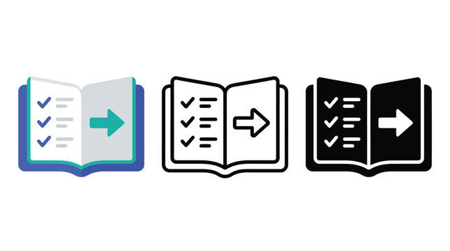 Open book checklist with arrow forward icons set in flat color line art and solid black silhouette styles vector