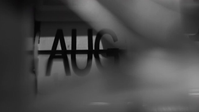 Black and White Close Up View of Month Abbreviation Display on Vintage Flip Clock