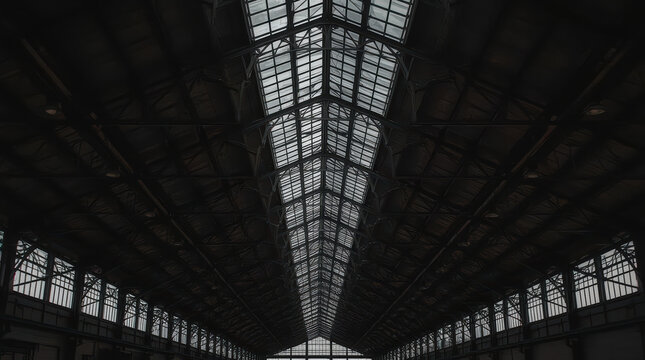 Dark industrial train shed interior with repeating steel trusses and skylight