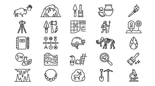 Archaeology and prehistoric life outline icons.
