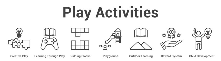Fototapeta premium Play Activities web banner icon set vector illustration concept for business with icon of Creative Play, Learning Through Play, Building Blocks, Playground, Outdoor Learning, Reward Syst.