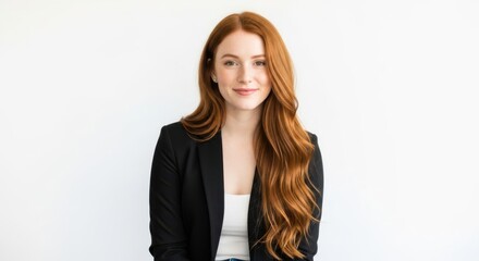 Obraz premium Young woman with long red hair smiling at camera in studio