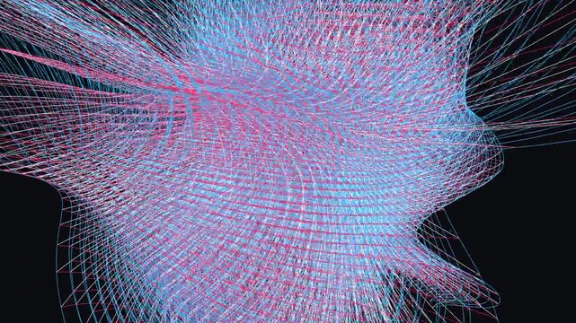 A complex neon wireframe grid constantly twisting and pulsing in a dark void, perfect as a futuristic ambient video wallpaper for technology presentations and tech events.