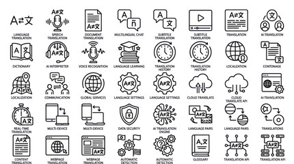 Artificial intelligence translation and multi language communication line icons. © muhammad
