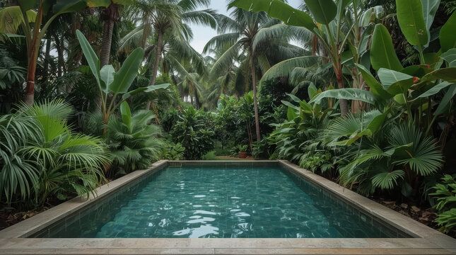 Private plunge pool surrounded by lush tropical palm and banana foliage, tranquil rainy