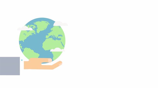 Flat design animation of a human hand holding and protecting the Earth globe.