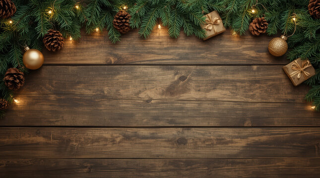 Evergreen garland with pinecone lights and gold ornaments rustic wooden table, cozy holiday mood