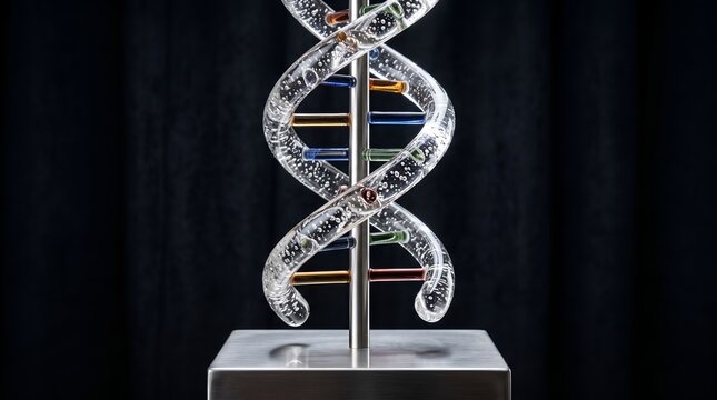 Clear glass DNA double helix model on metal stand, representing genetics, biology.