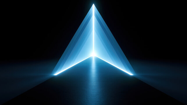 Glowing blue pyramid light in dark abstract futuristic shape with symmetry and luminous lines, digital art, geometric form