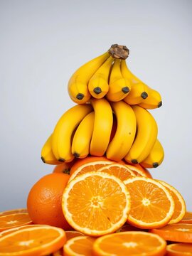 Bright yellow bananas and orange slices arranged in a pyramid shape, oranges, arrangement