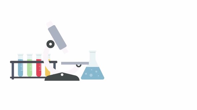 Flat illustration of a laboratory workspace with microscope and chemical test tubes.
