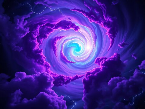 Cosmic vortex with swirling purple clouds and blue-green stars, purple, ||deep space