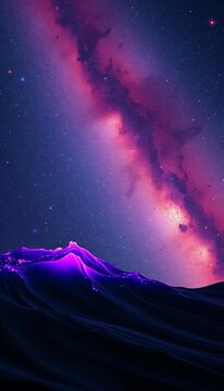 Cosmic waves of pink and blue light illuminate the starry night sky, orange, atmosphere