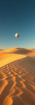 Dunes of golden sand stretch towards the horizon as the golf ball soars through the air mid-swing, sandy, desert
