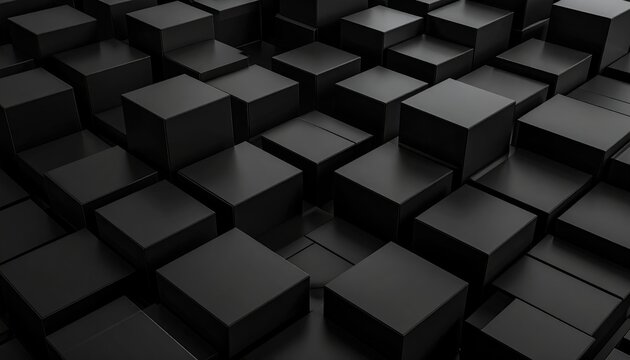 Dark geometric surface of dense, closely packed, uniformly sized, matte black cubes with subtle lighting