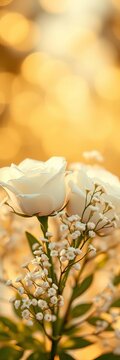 Elegant white roses and delicate baby's breath adorn a soft focus bokeh background illuminated by warm golden light, elegant design, dreamy atmosphere