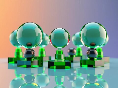 Geometric spheres on green glass trophies on reflective surface, minimalist, surface