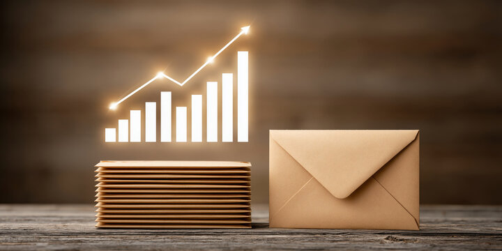 Business growth chart, envelope, stack of document, finance concept, paper mail, wooden table