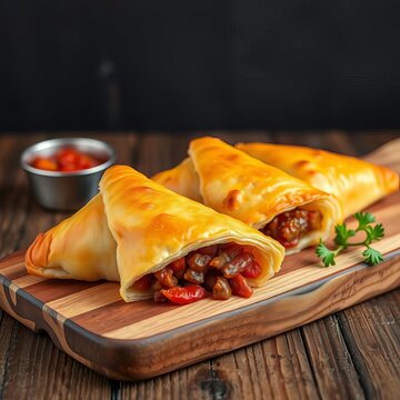 Golden triangle puff pastry with savory meat filling on rustic wooden board, homemade, board