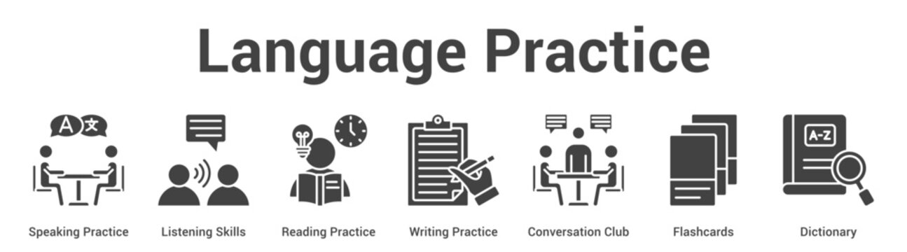 Language Practice web banner icon set vector illustration concept for business with icon of Speaking Practice, Listening Skills, Reading Practice, Writing Practice, Conversation Cl.