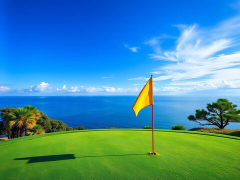 Golf flag on green surrounded by serene sea views, scenic, landscape