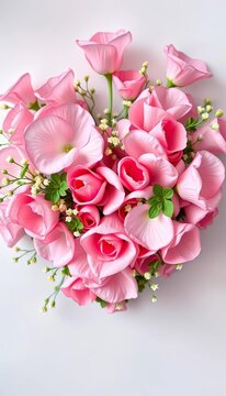 Heart-shaped floral arrangement with soft pink petals and delicate greenery, floral, gentle