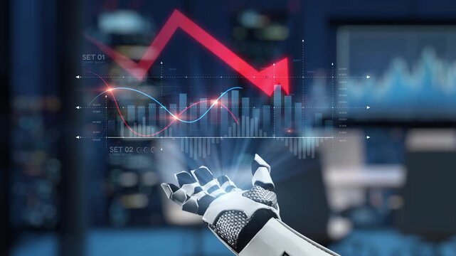 A robotic hand engages with elaborate financial data displayed in a modern workspace, representing the intersection of technology and finance in stock market analysis. Synapse