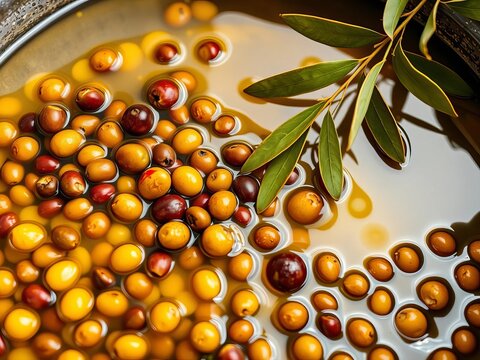 Olive pits and leaves mixed with liquid oil in a large vat, harvest, process