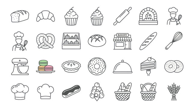 Bakery shop and pastry chef line icons.