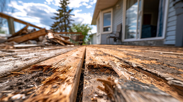 Severely decayed and rotted wooden deck boards requiring replacement at residential home